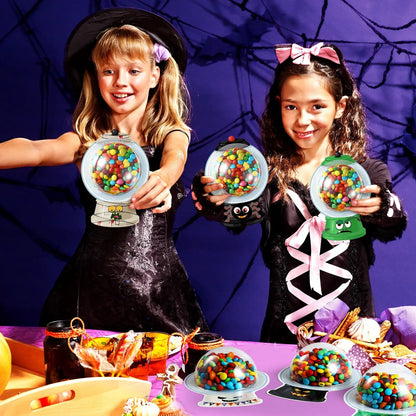 Halloween Candy Dome Holder Kit – 24/48 Pack DIY Trick-or-Treat Treat Cards with Clear Candy Domes & Stickers