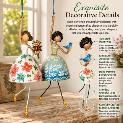 🌸 Hand-painted Hanging Ornament "Dancing Lady" – Playful Folk Art That Comes to Life | Handcrafted Floral Bell Skirt, Wire Legs and Little Songbird Charm