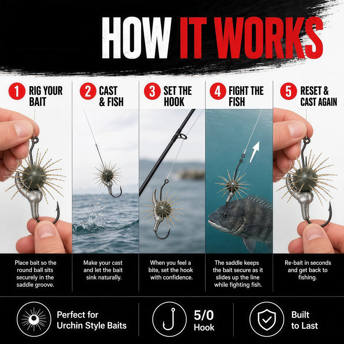 Urchin Saddle Fishing Rig – 4 Pack 🎣 Bait-Saving 5/0 Hook System with Adjustable Sink Rate