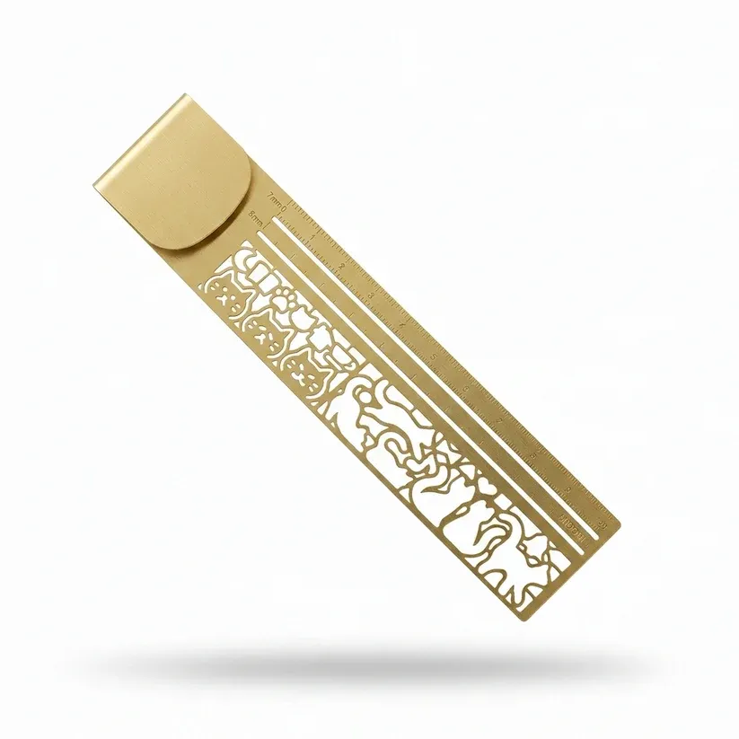 Close-up of decorative metal bookmark ruler