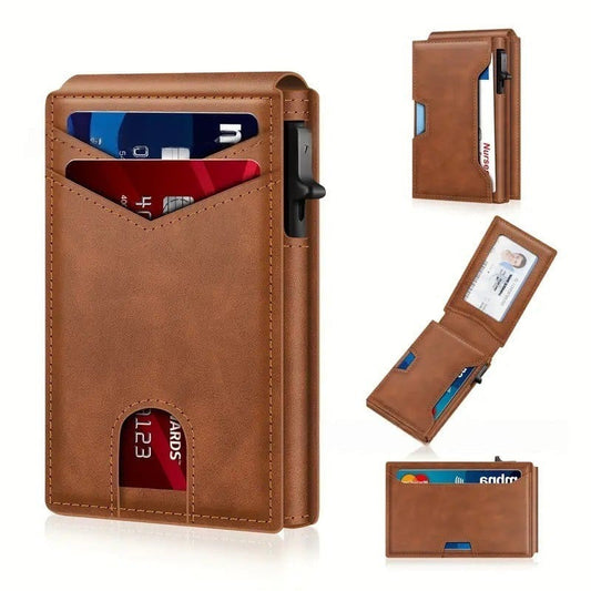 ✨Wallet - With Pop Up Aluminum Case Money Clip Slim Leather Slots Credit Card Holder RFID Blocking Bifold Minimalist Wallet